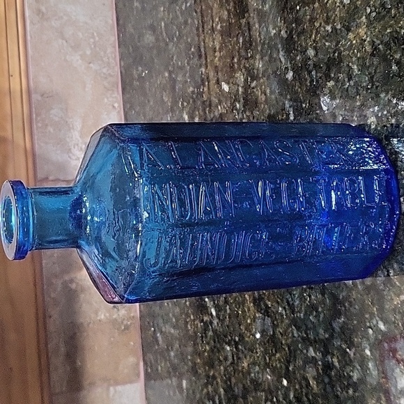 Vintage Blue Glass A. Lancaster's Indian Vegetable Jaundice Bitters Bottle by Wh - Picture 1 of 8